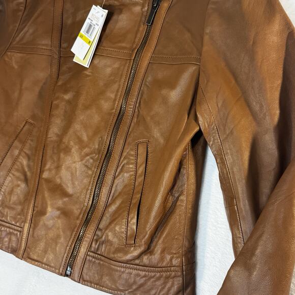 MRSP $250 New Michael Kors Real Lamb Leather Short Jacket Brown Size Medium - Picture 6 of 15